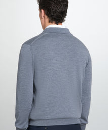 Pale Grey Merino Wool Long Sleeve Polo Shirt