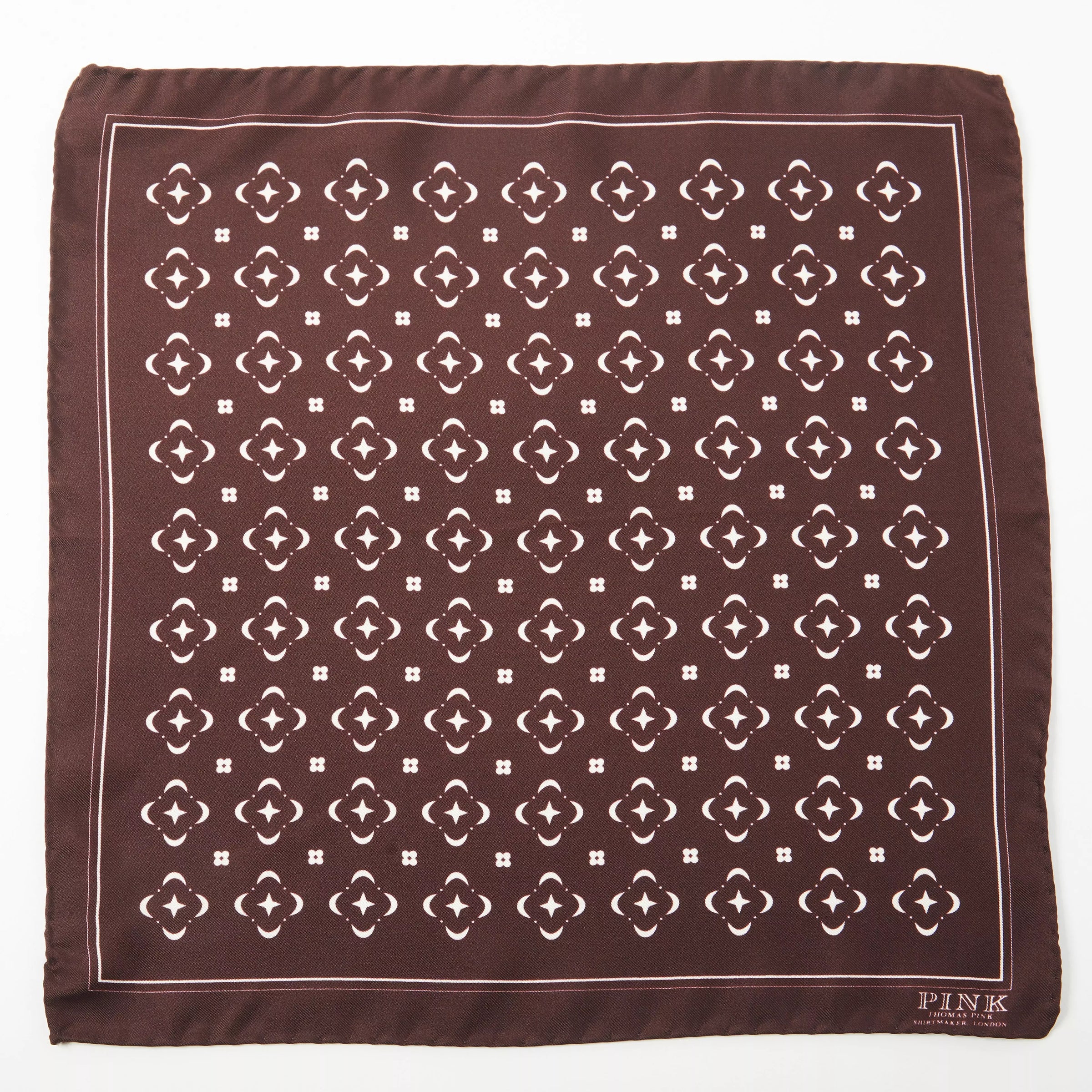 Burgundy Red & Neutral Flower Monogram Printed Silk Pocket Square