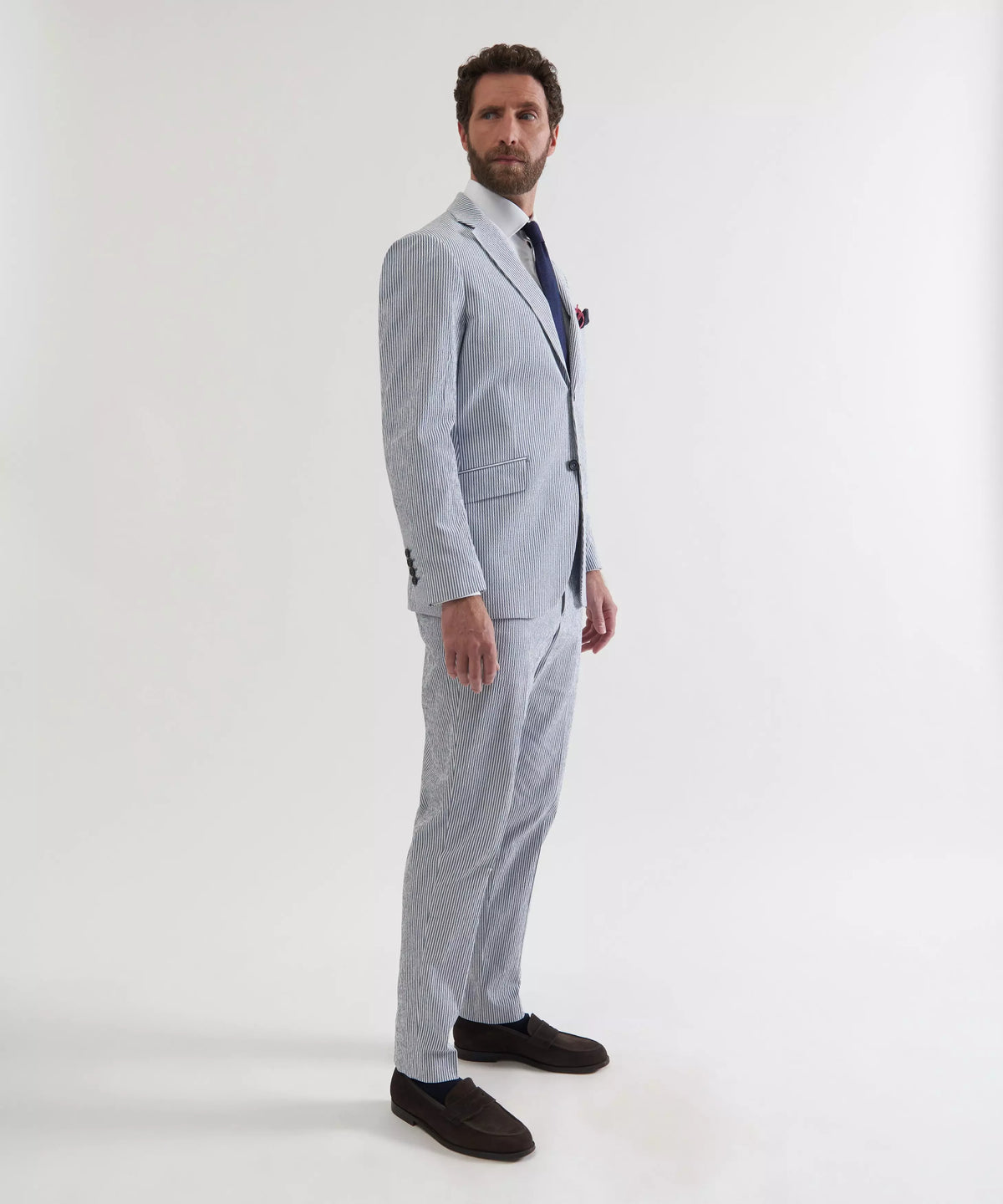 White & Navy Tailored Fit Stripe Seersucker Jacket