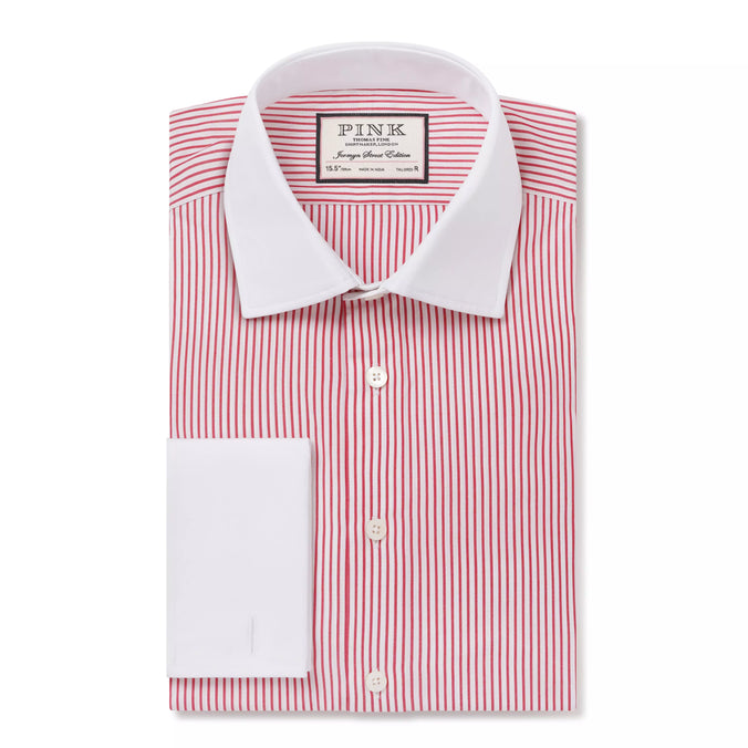 Red & White Tailored Fit Double Cuff Poplin Stripe Formal Shirt