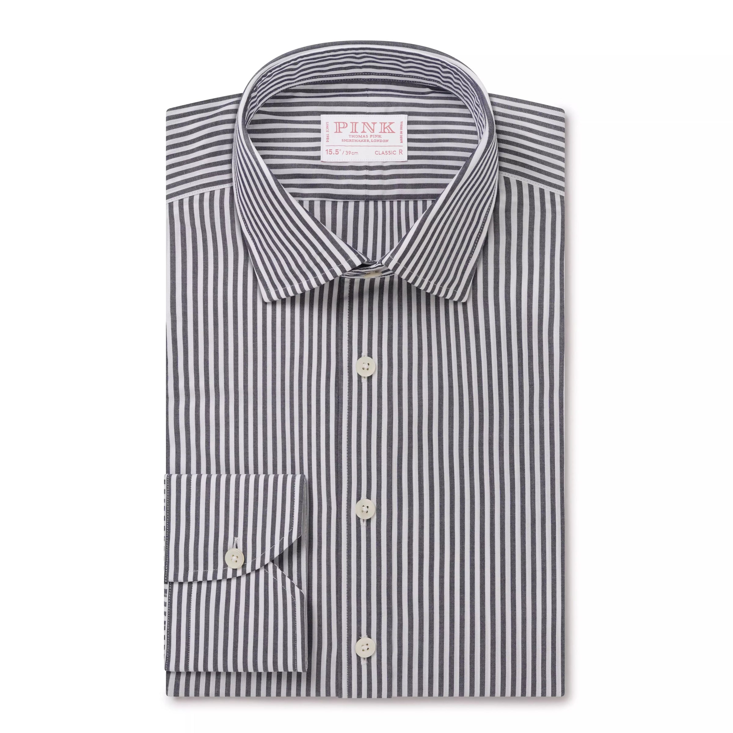 Charcoal Grey & White Classic Fit Panama Stripe Formal Shirt