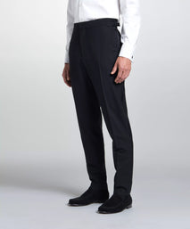 Black Tailored Fit Merino Wool Flat Front Evening Trousers